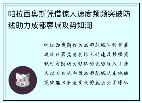 帕拉西奥斯凭借惊人速度频频突破防线助力成都蓉城攻势如潮