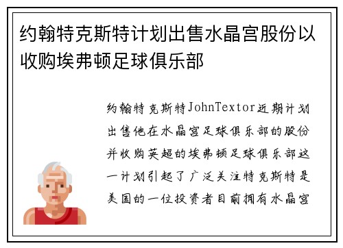 约翰特克斯特计划出售水晶宫股份以收购埃弗顿足球俱乐部