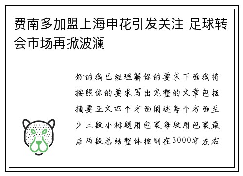 费南多加盟上海申花引发关注 足球转会市场再掀波澜